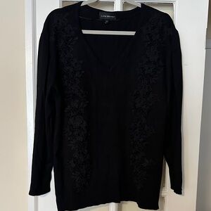 Lane Bryant Black V-Neck Long Sleeve Floral Appliqué Sweater